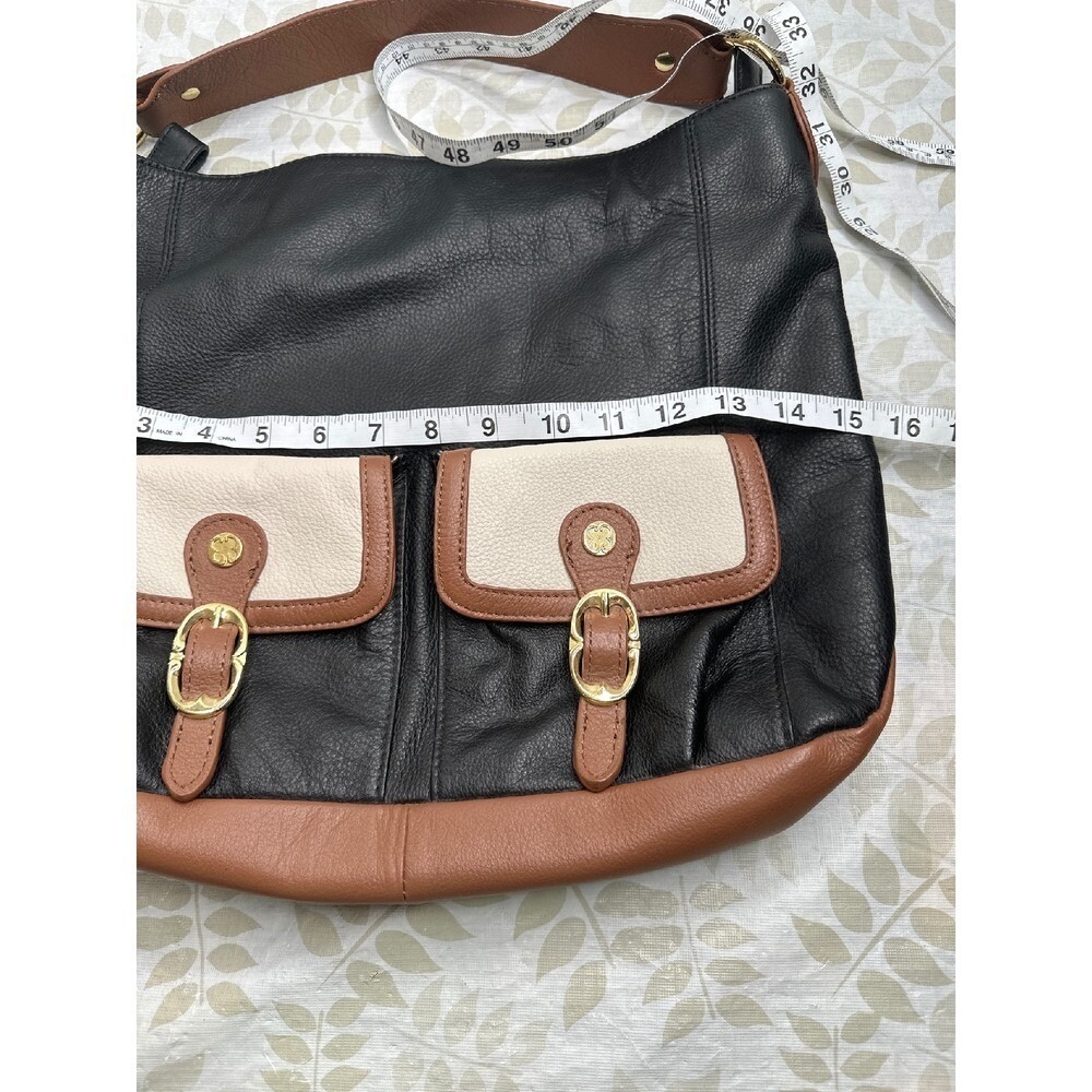 Emma Fox Black Leather Hobo Bag Tri-Color Buckle Pockets Floral Lining Large - Picture 5 of 8